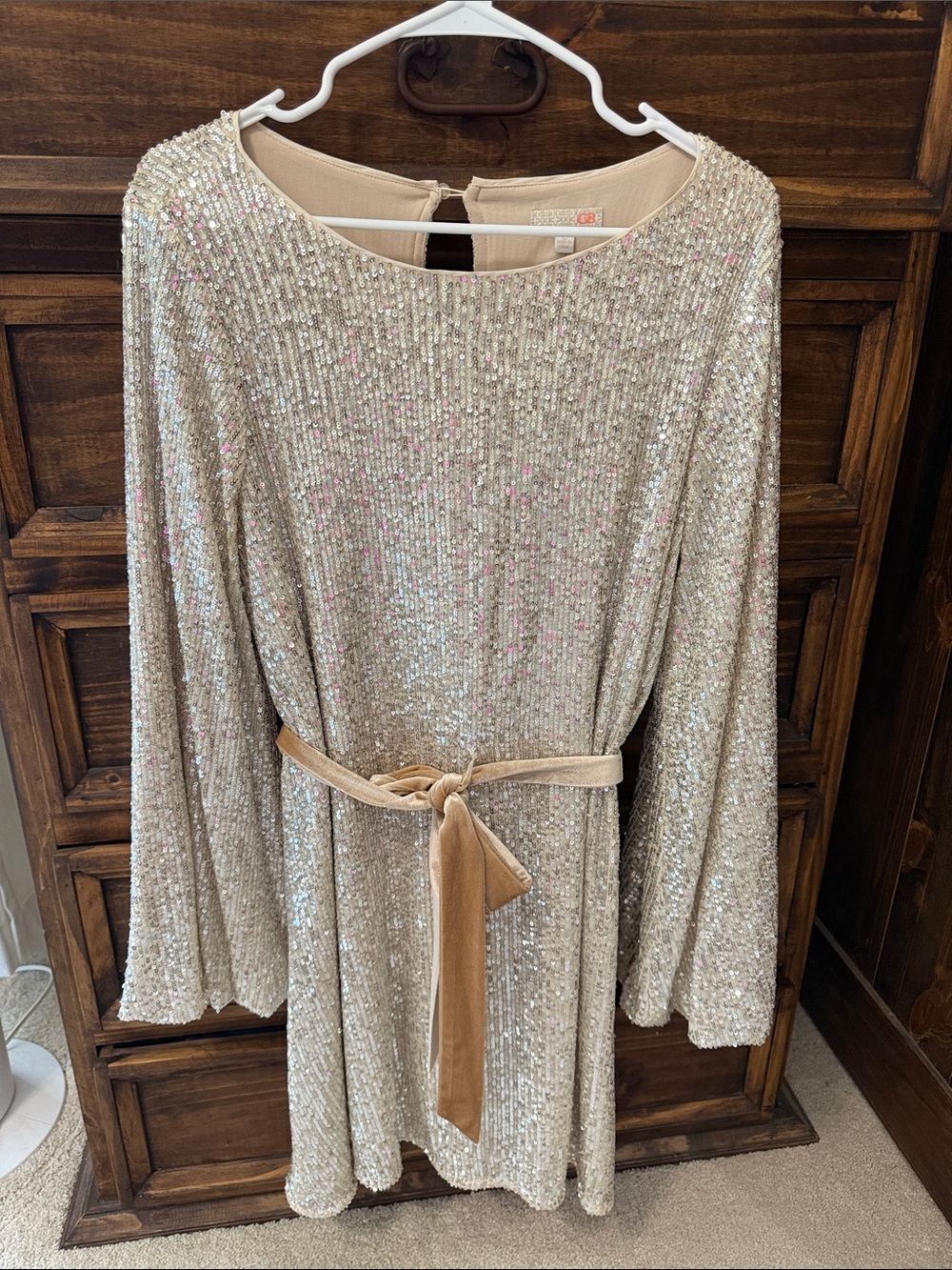 Gianni Bini Champagne Sequin Long Sleeve Belted Dress